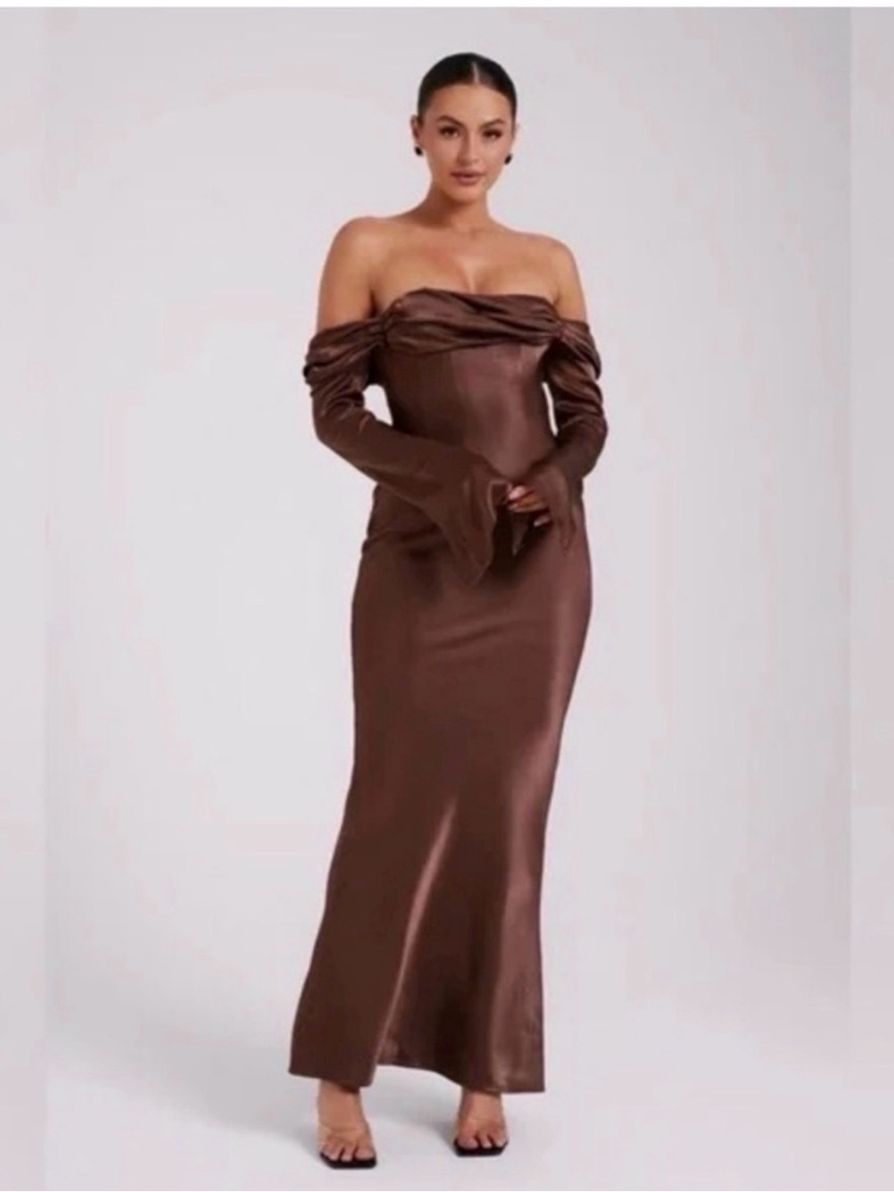 Meshki Strapless Satin Maxi Dress in Chocolate Brown